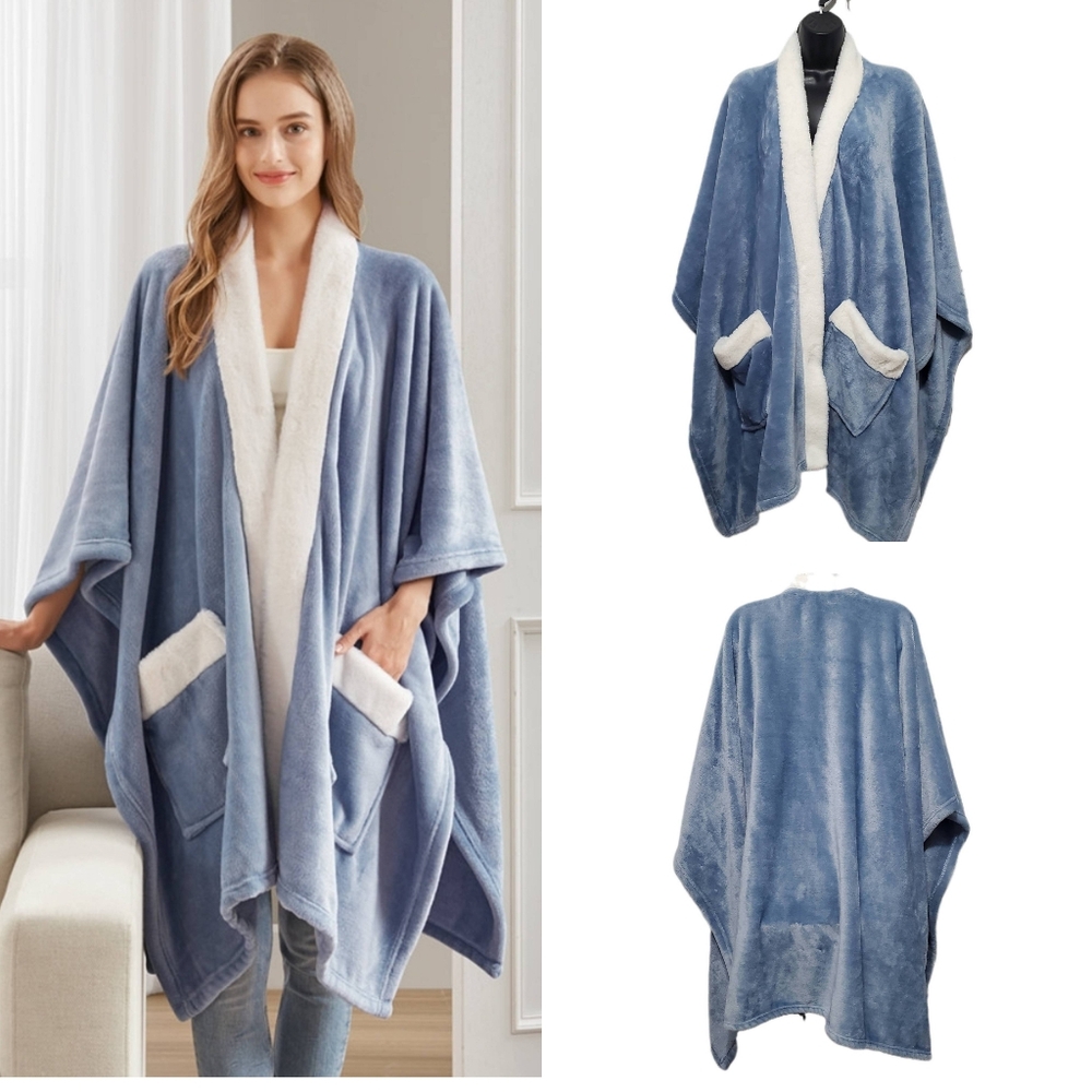 Premium Comfort Cozy Plush Blue & White Contrast Trim Wearable Wrap 50" x 70"
